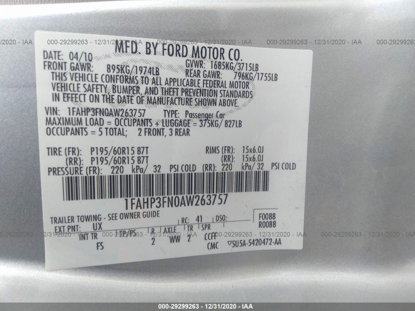 FORD FOCUS 1FAHP3FN0AW263757