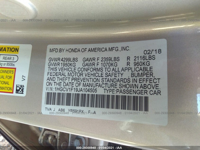 HONDA ACCORD SEDAN 1HGCV1F19JA104505