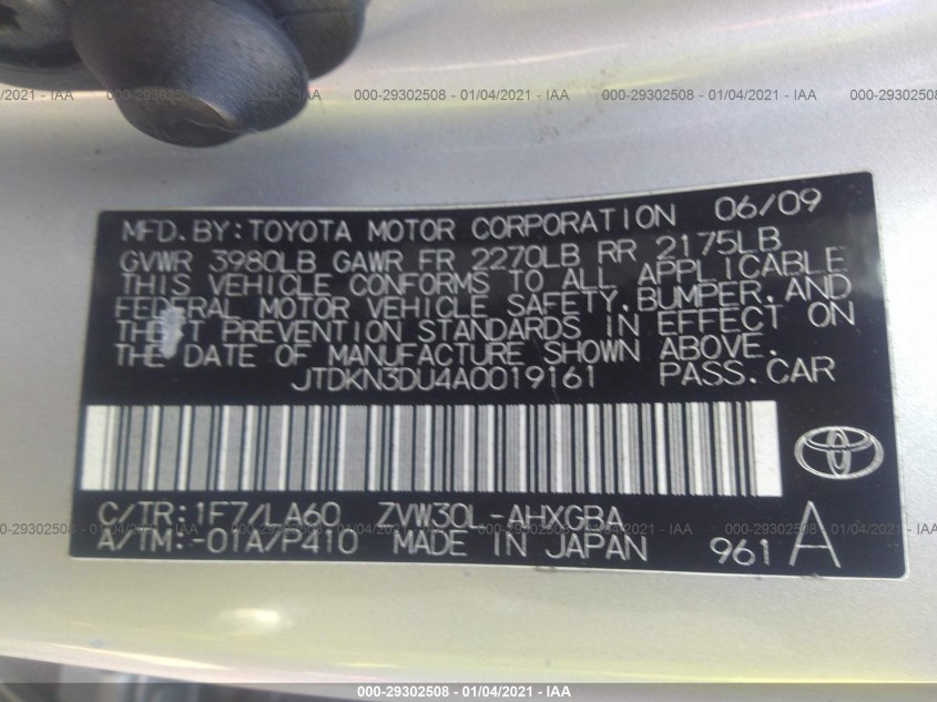 TOYOTA PRIUS JTDKN3DU4A0019161