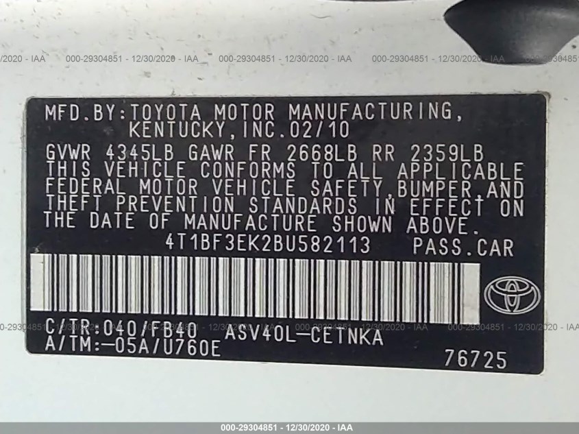 TOYOTA CAMRY 4T1BF3EK2BU582113