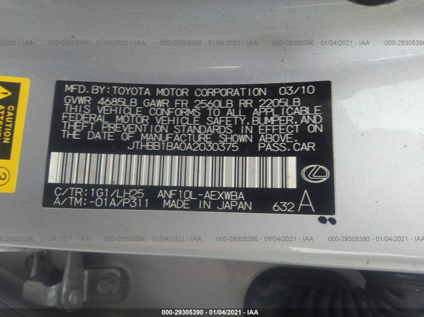 LEXUS HS 250H JTHBB1BA0A2030375