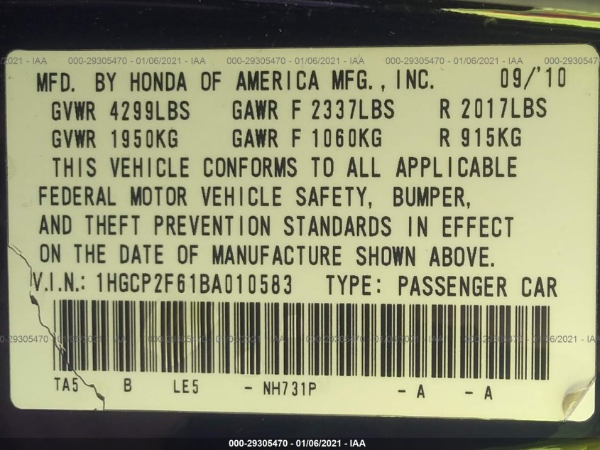 HONDA ACCORD SDN 1HGCP2F61BA010583