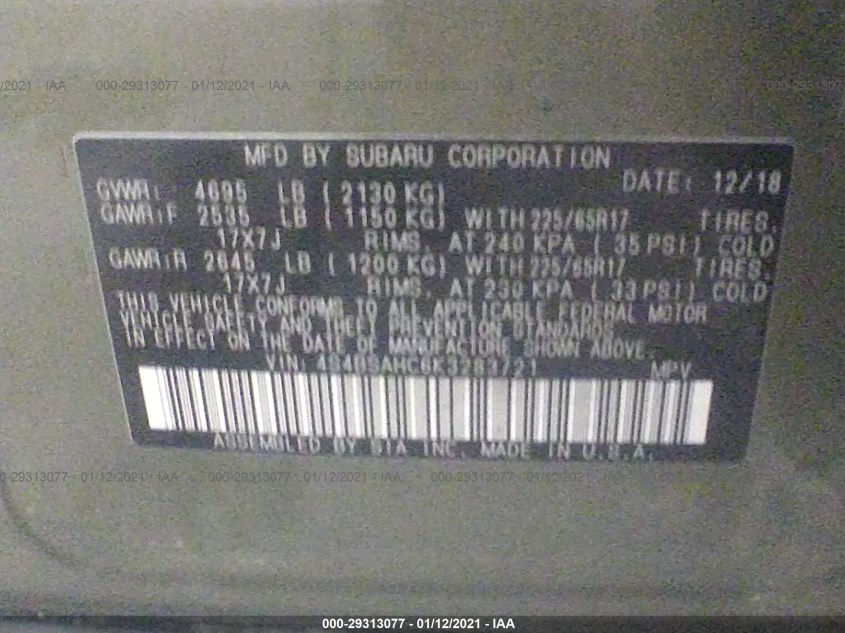 SUBARU OUTBACK 4S4BSAHC6K3283721