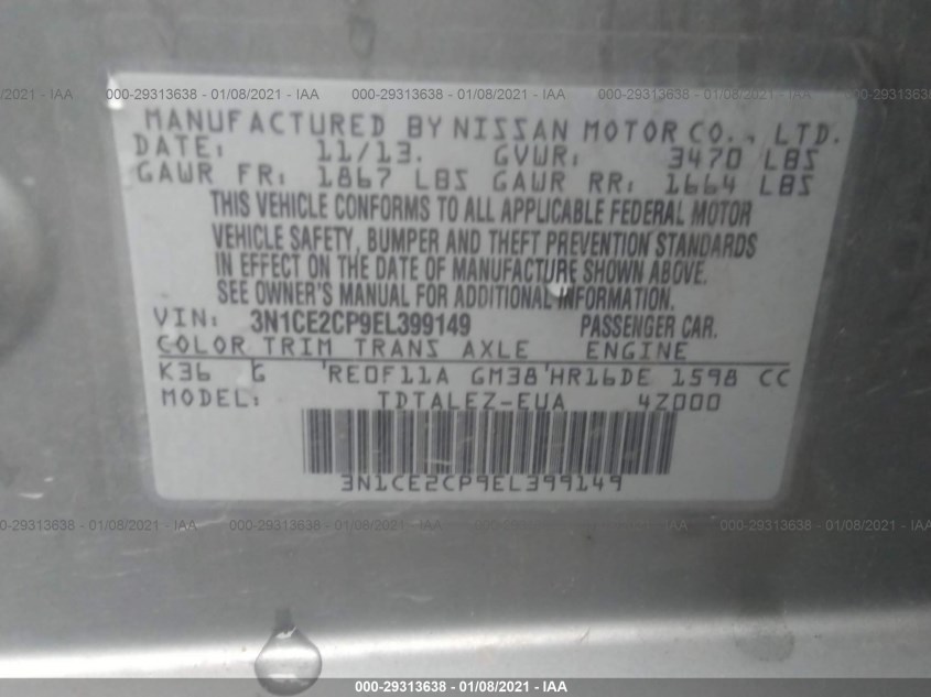 NISSAN VERSA NOTE 3N1CE2CP9EL399149
