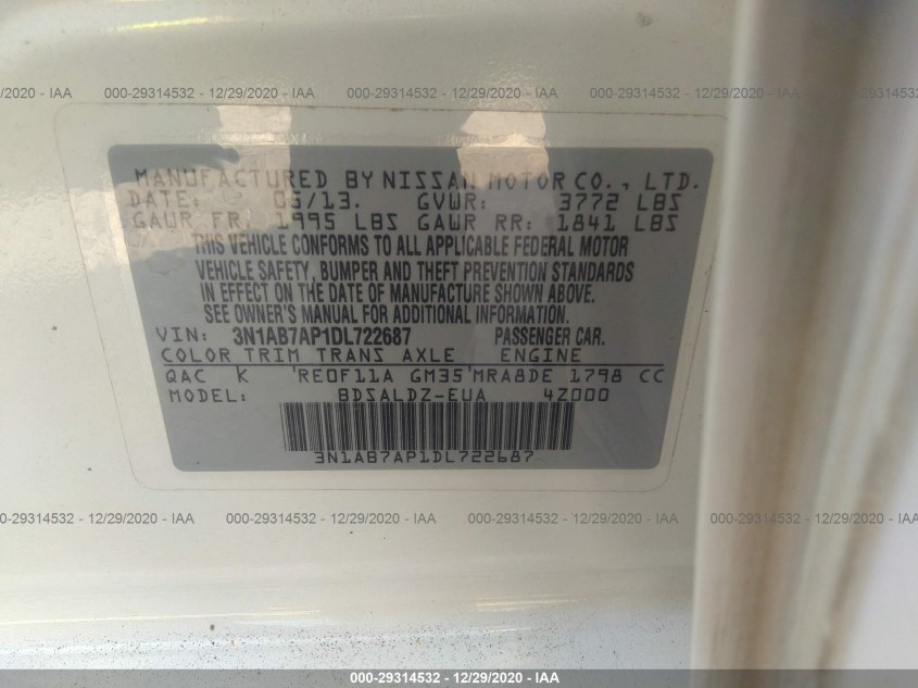 NISSAN SENTRA 3N1AB7AP1DL722687
