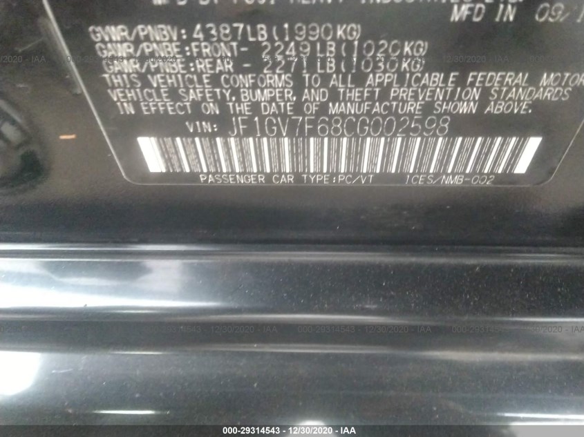 SUBARU IMPREZA SEDAN WRX JF1GV7F68CG002598