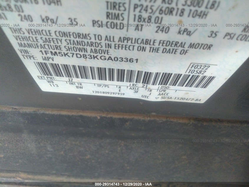 FORD EXPLORER 1FM5K7D83KGA03361