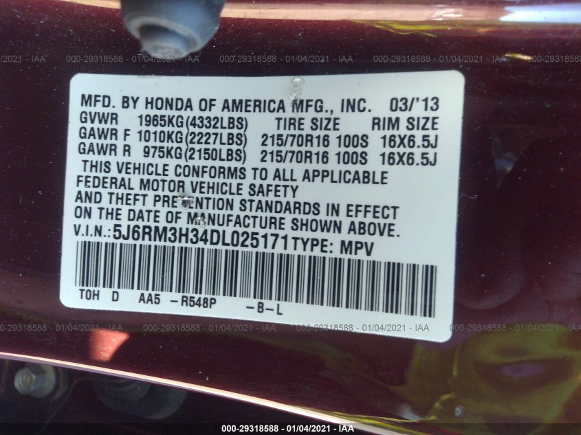 HONDA CR-V 5J6RM3H34DL025171