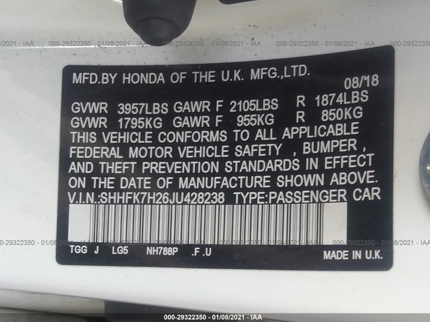 HONDA CIVIC HATCHBACK SHHFK7H26JU428238