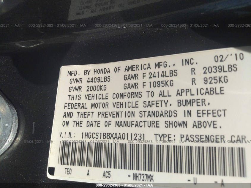 HONDA ACCORD CPE 1HGCS1B8XAA011231