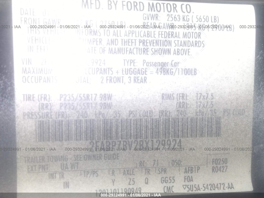 FORD POLICE INTERCEPTOR 2FABP7BV2BX129924