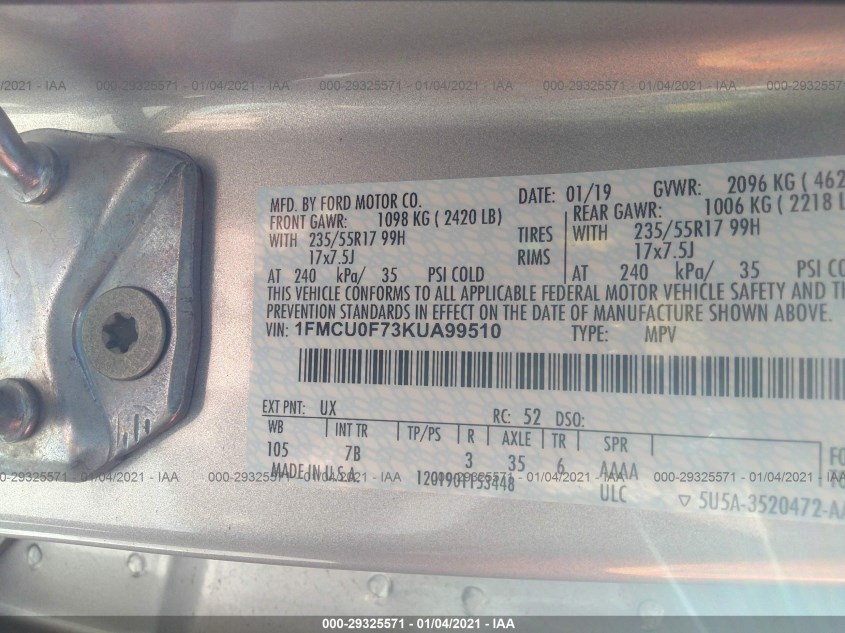 FORD ESCAPE 1FMCU0F73KUA99510