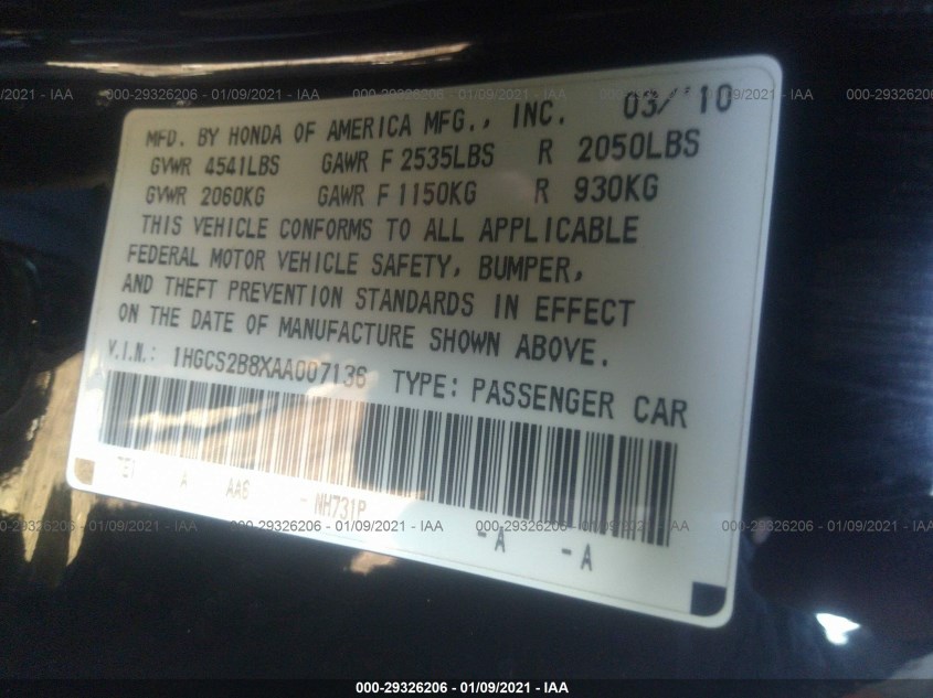 HONDA ACCORD CPE 1HGCS2B8XAA007136