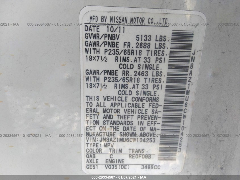 NISSAN MURANO JN8AZ1MU6CW104253