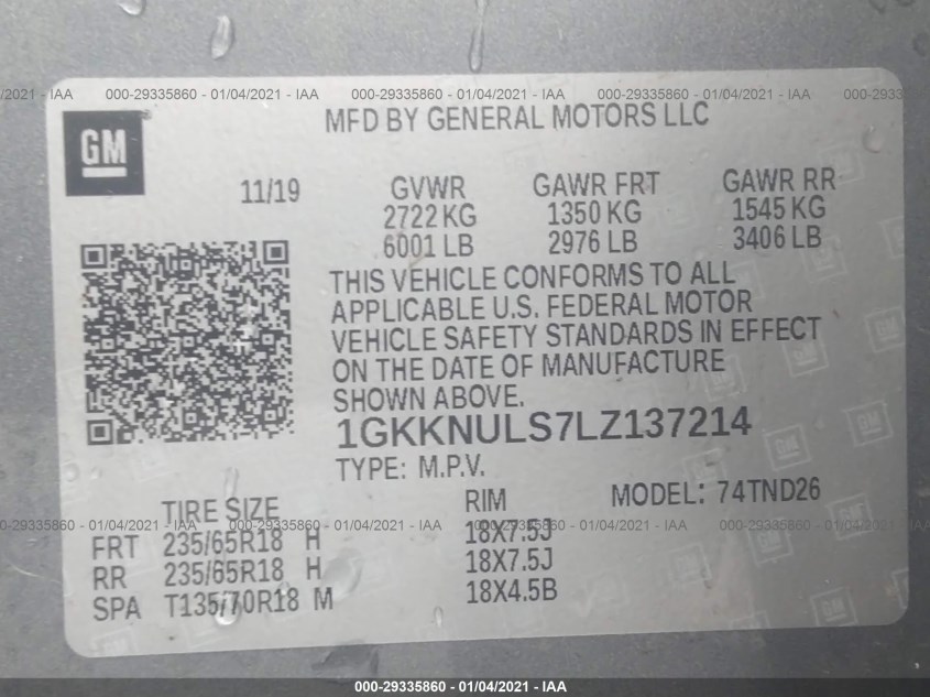 GMC ACADIA 1GKKNULS7LZ137214