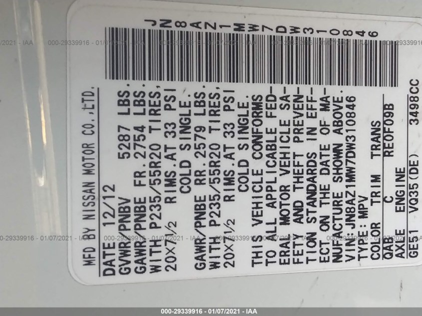 NISSAN MURANO JN8AZ1MW7DW310846