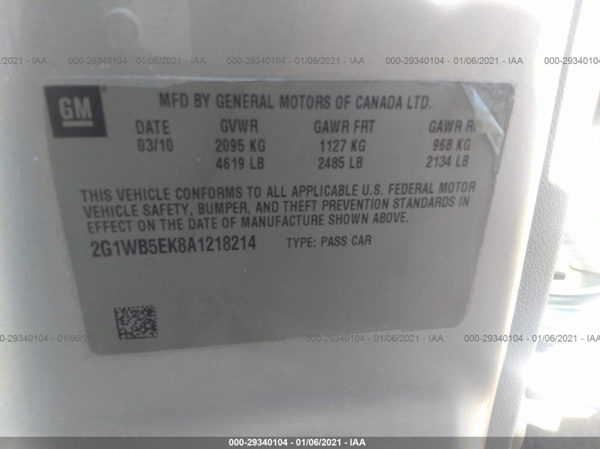 CHEVROLET IMPALA 2G1WB5EK8A1218214