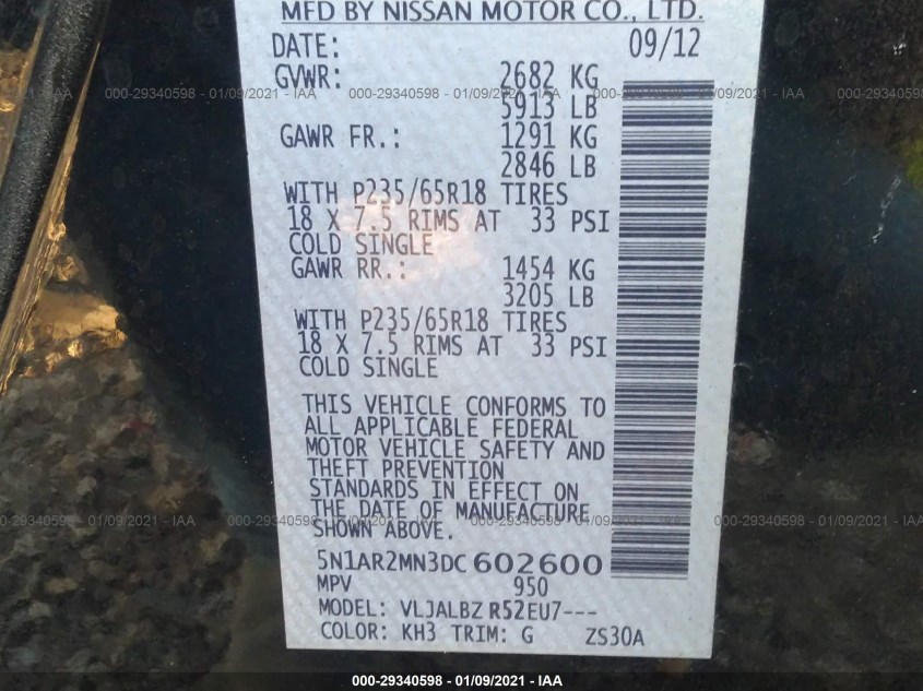 NISSAN PATHFINDER 5N1AR2MN3DC602600