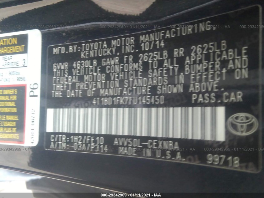 TOYOTA CAMRY HYBRID 4T1BD1FK7FU145450