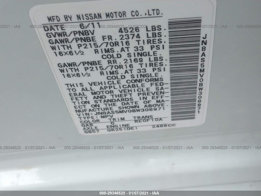 NISSAN ROGUE JN8AS5MV0BW308971