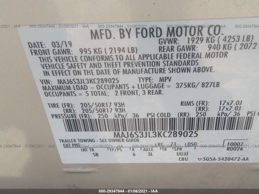 FORD ECOSPORT MAJ6S3JL3KC289025
