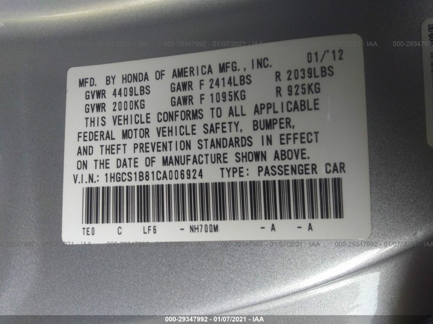 HONDA ACCORD CPE 1HGCS1B81CA006924
