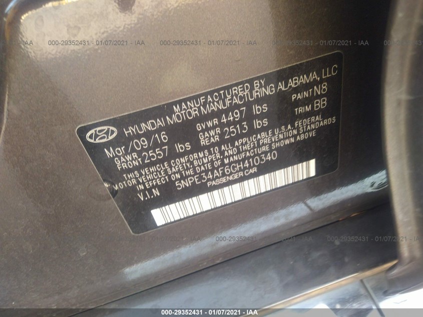 HYUNDAI SONATA 5NPE34AF6GH410340
