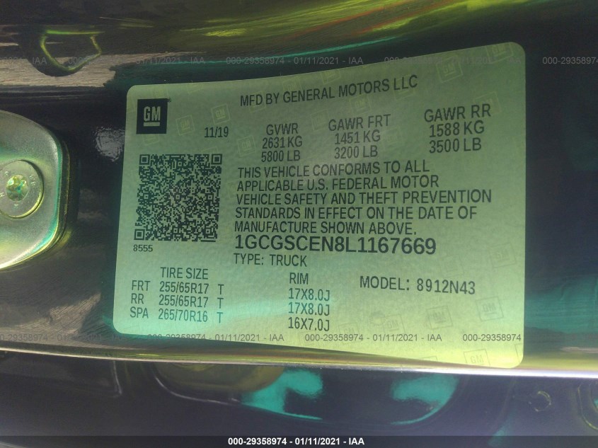 CHEVROLET COLORADO 1GCGSCEN8L1167669