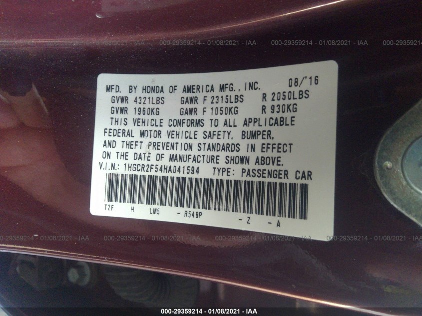 HONDA ACCORD SEDAN 1HGCR2F54HA041594
