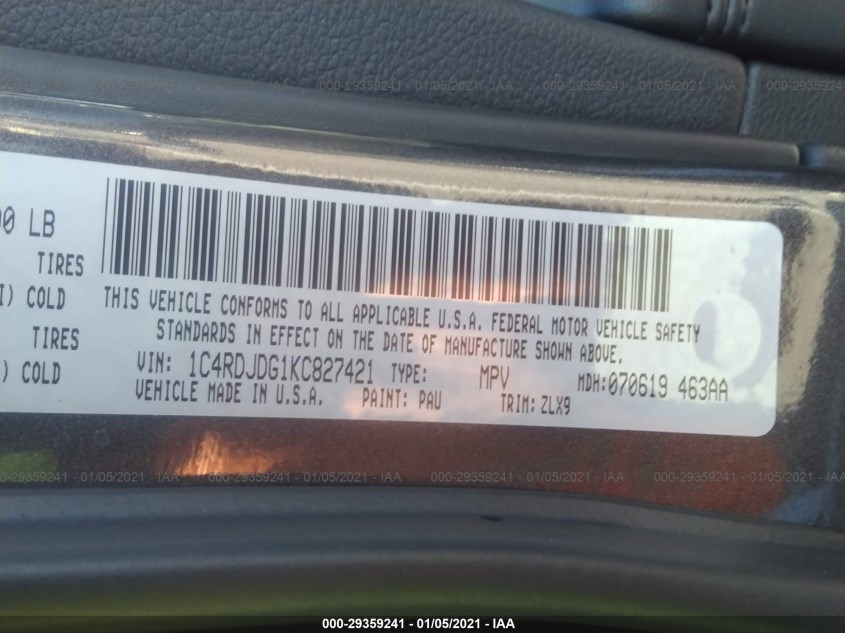 DODGE DURANGO 1C4RDJDG1KC827421