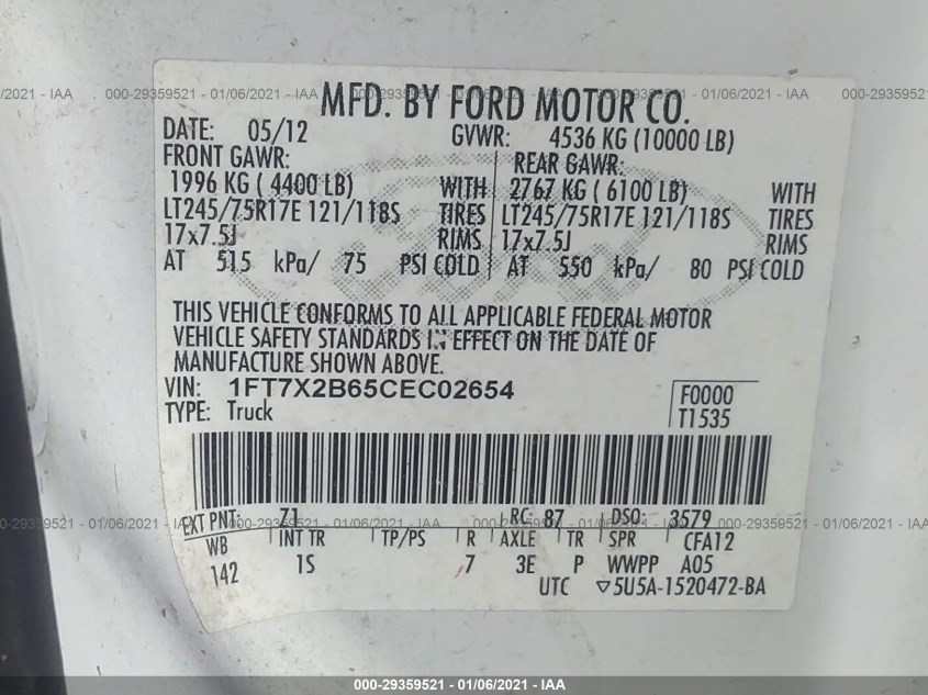 FORD SUPER DUTY F-250 1FT7X2B65CEC02654