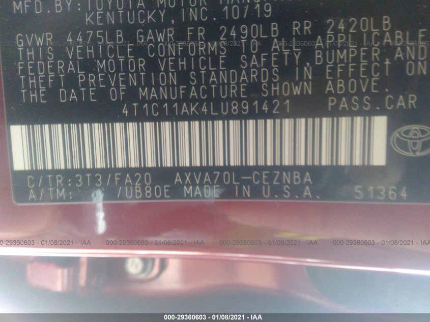 TOYOTA CAMRY 4T1C11AK4LU891421