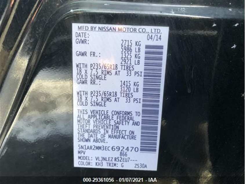 NISSAN PATHFINDER 5N1AR2MM3EC692470