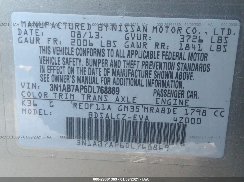NISSAN SENTRA 3N1AB7AP6DL768869