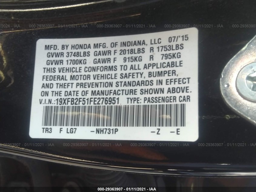 HONDA CIVIC SEDAN 19XFB2F51FE276951