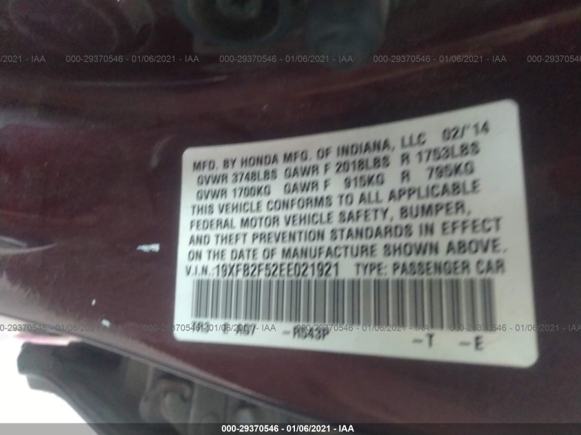 HONDA CIVIC SEDAN 19XFB2F52EE021921