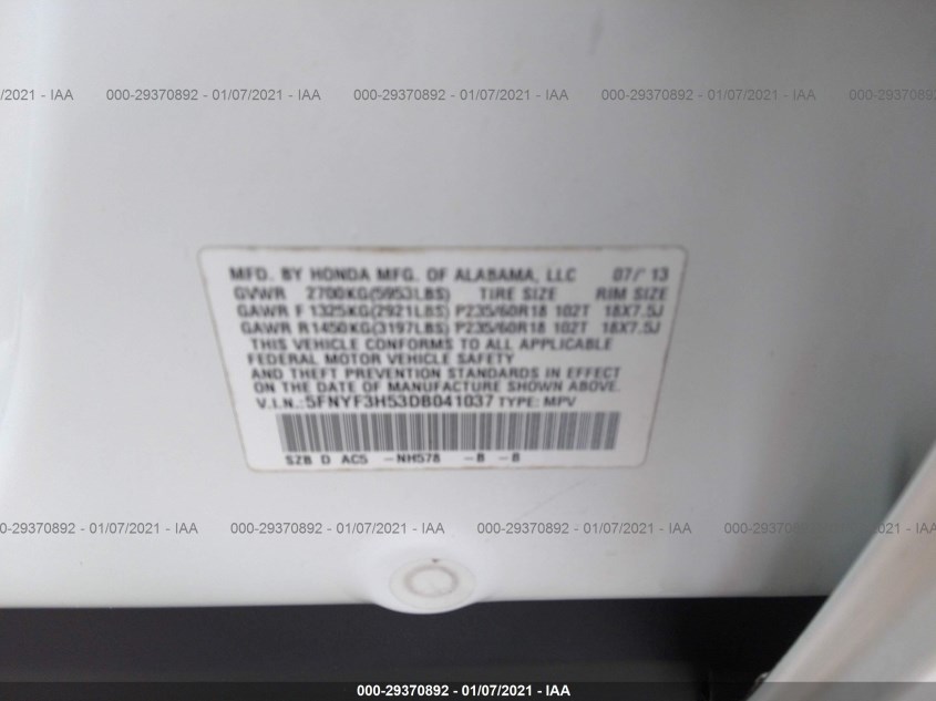 HONDA PILOT 5FNYF3H53DB041037