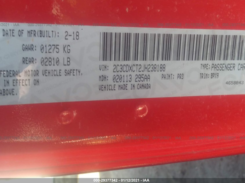 DODGE CHARGER 2C3CDXCT2JH238188