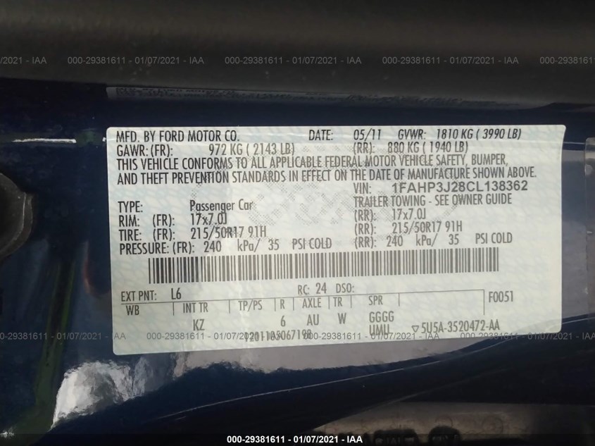 FORD FOCUS 1FAHP3J28CL138362