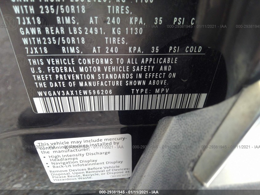 VOLKSWAGEN TIGUAN WVGAV3AX1EW596206