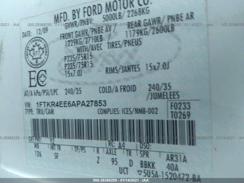 FORD RANGER 1FTKR4EE6APA27853