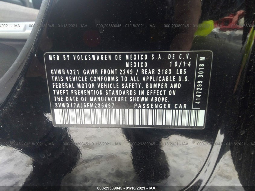 VOLKSWAGEN JETTA SEDAN 3VWD17AJ5FM236497