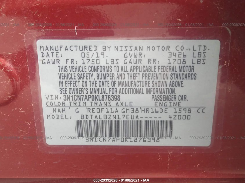 NISSAN VERSA SEDAN 3N1CN7AP0KL876398