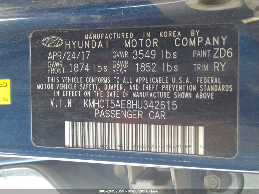 HYUNDAI ACCENT KMHCT5AE8HU342615