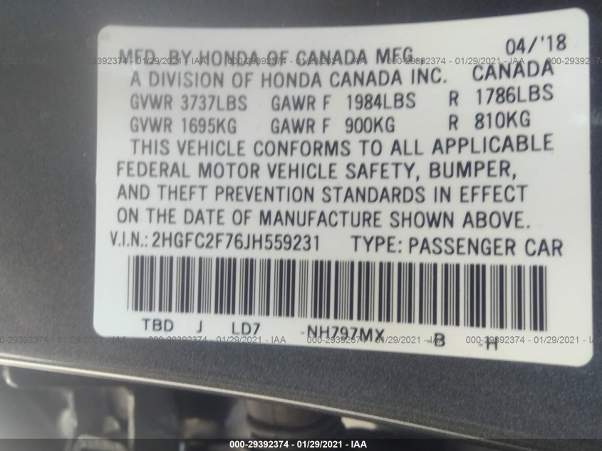 HONDA CIVIC SEDAN 2HGFC2F76JH559231