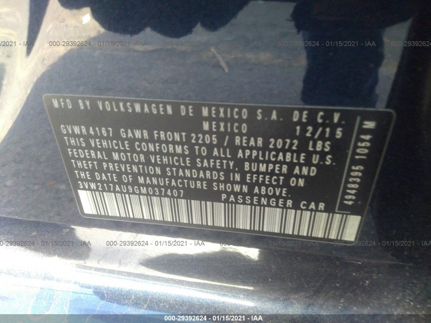 VOLKSWAGEN GOLF 3VW217AU9GM037407