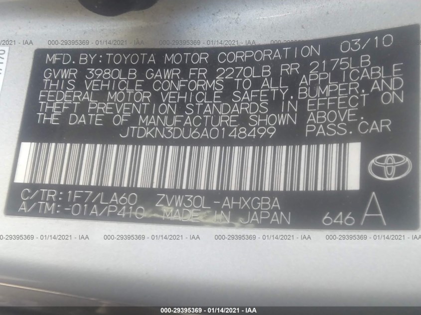 TOYOTA PRIUS JTDKN3DU6A0148499