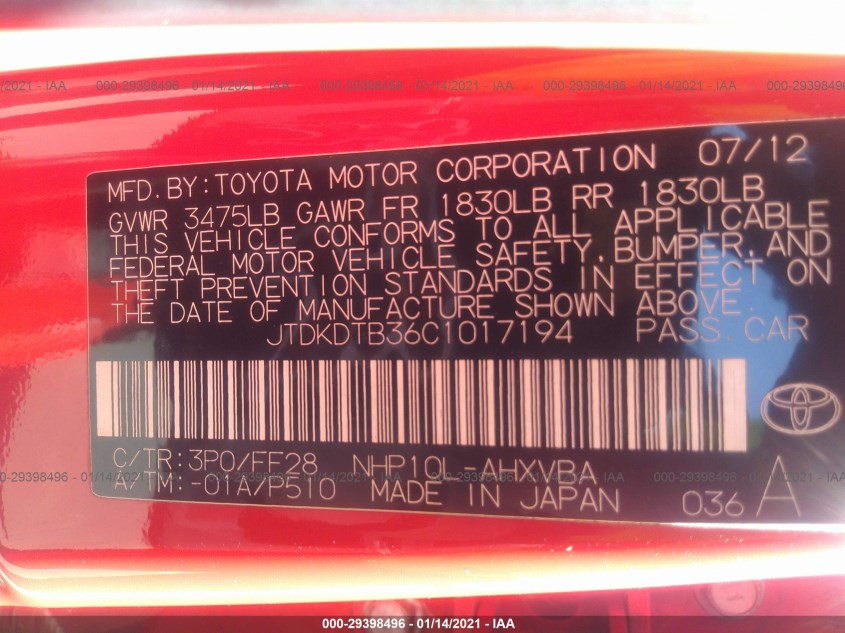 TOYOTA PRIUS C JTDKDTB36C1017194