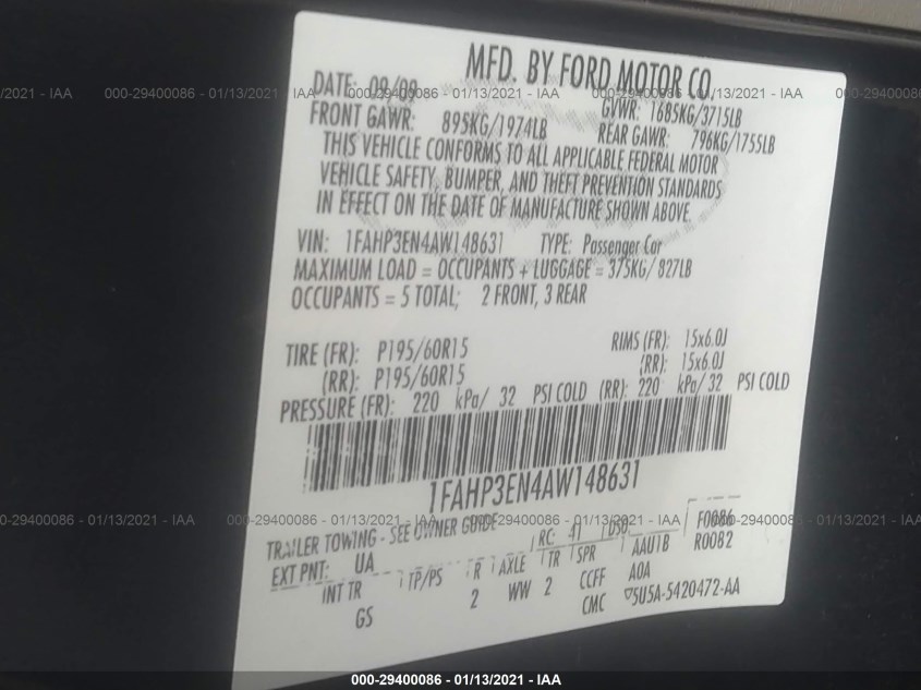 FORD FOCUS 1FAHP3EN4AW148631