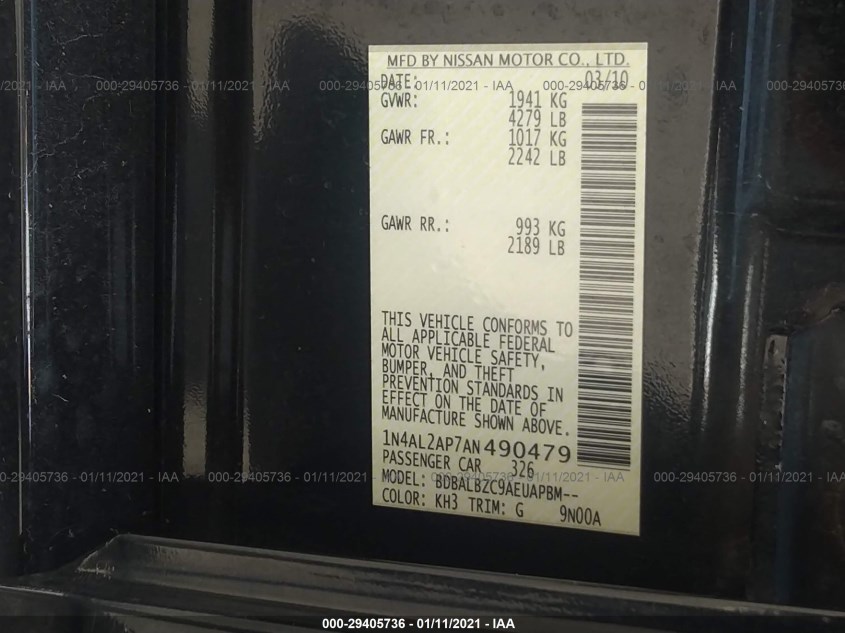 NISSAN ALTIMA 1N4AL2AP7AN490479
